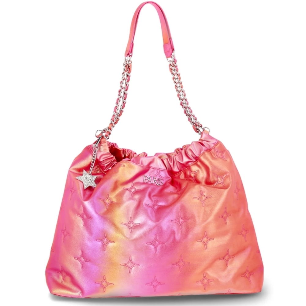 Paris Hilton London Quilted Shoulder Bag w/ Chain Straps, Sunset Coral/Metallic